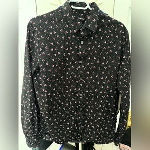 Men’s, XL black with reddish floral long sleeve button up shirt
